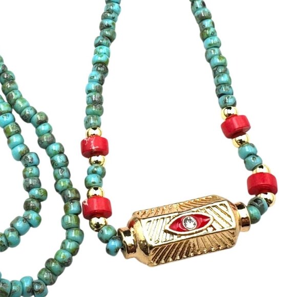Turquoise & Red Coral Evil Eye Pendant Necklace 18K Gold Plated 16 to 18 Inch - Picture 1 of 5